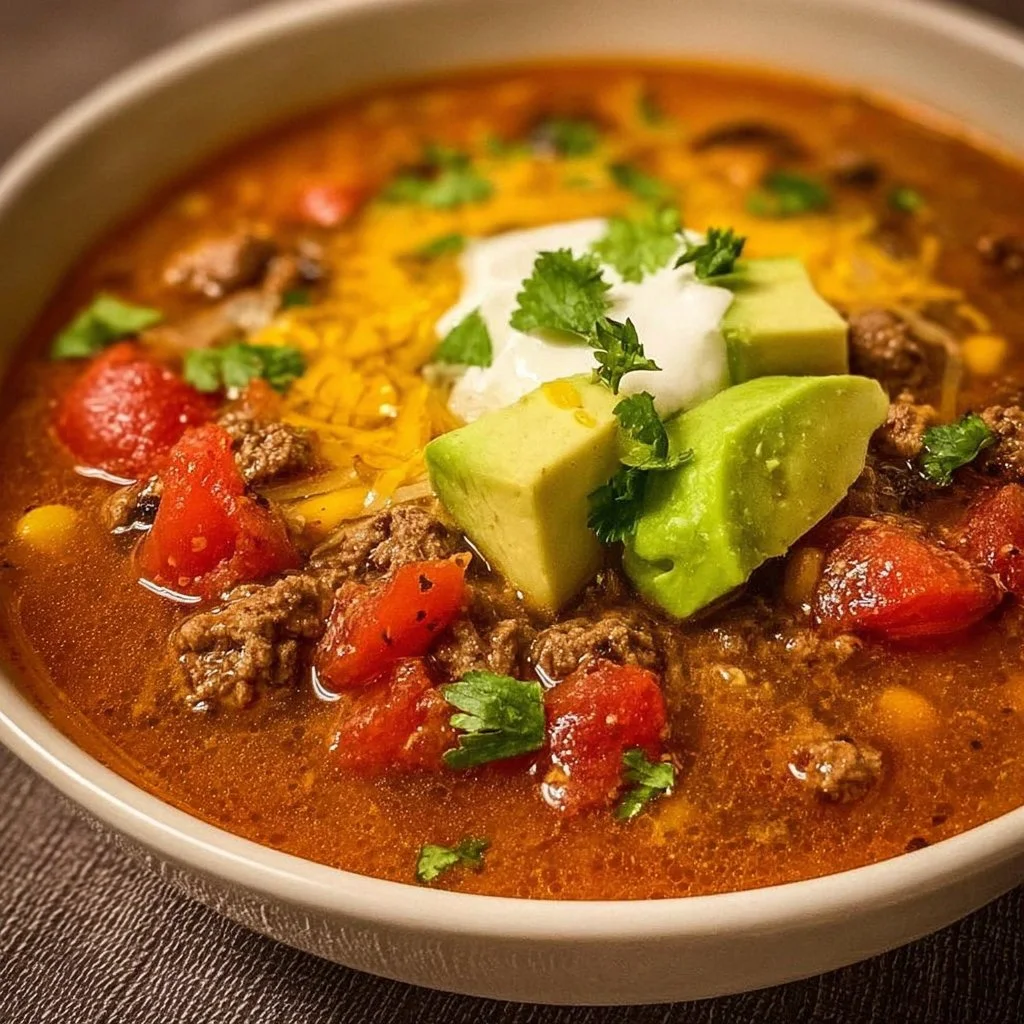 Bowl of low-carb taco soup topped with fresh ingredients