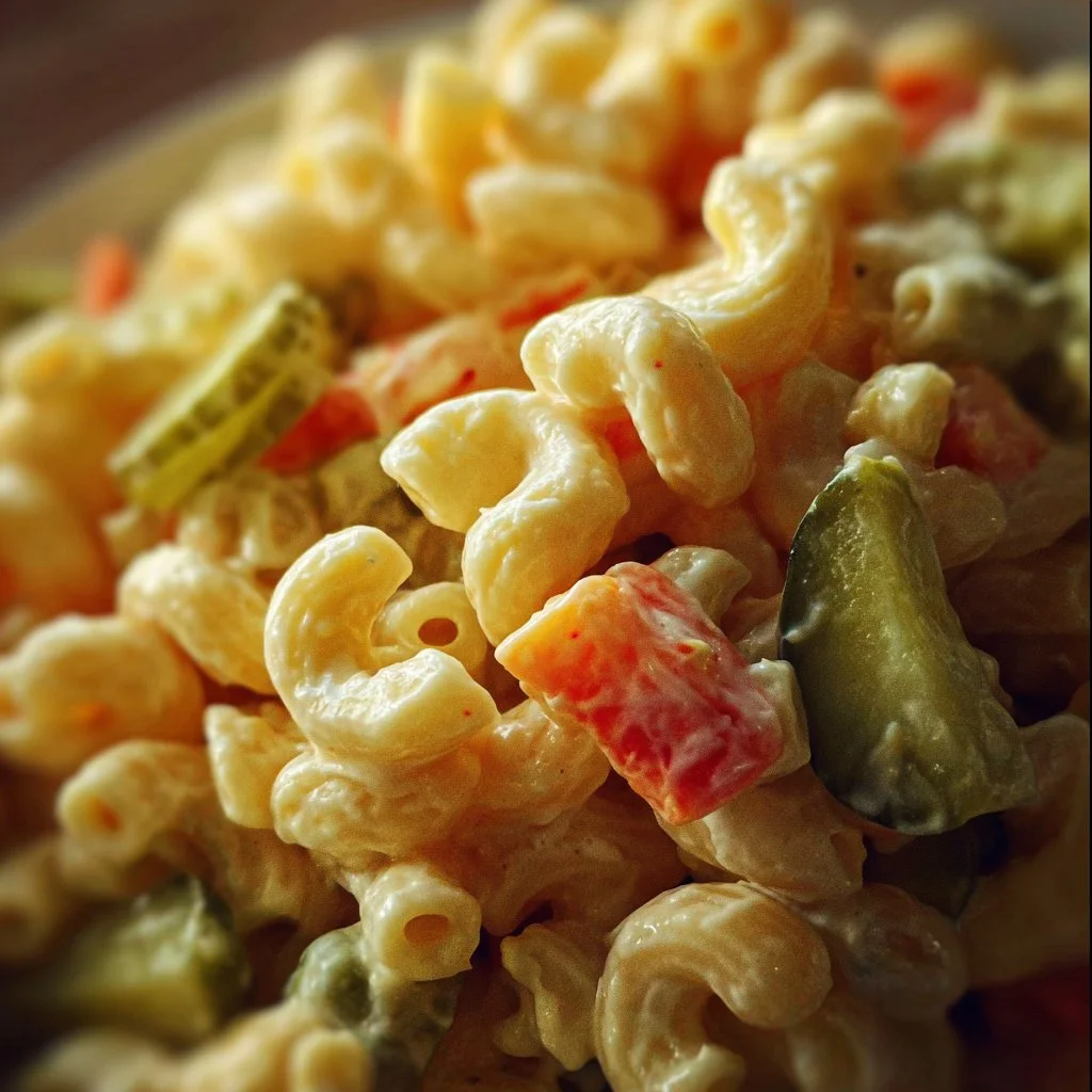Delicious macaroni salad with pickles served in a bowl, perfect for summer meals