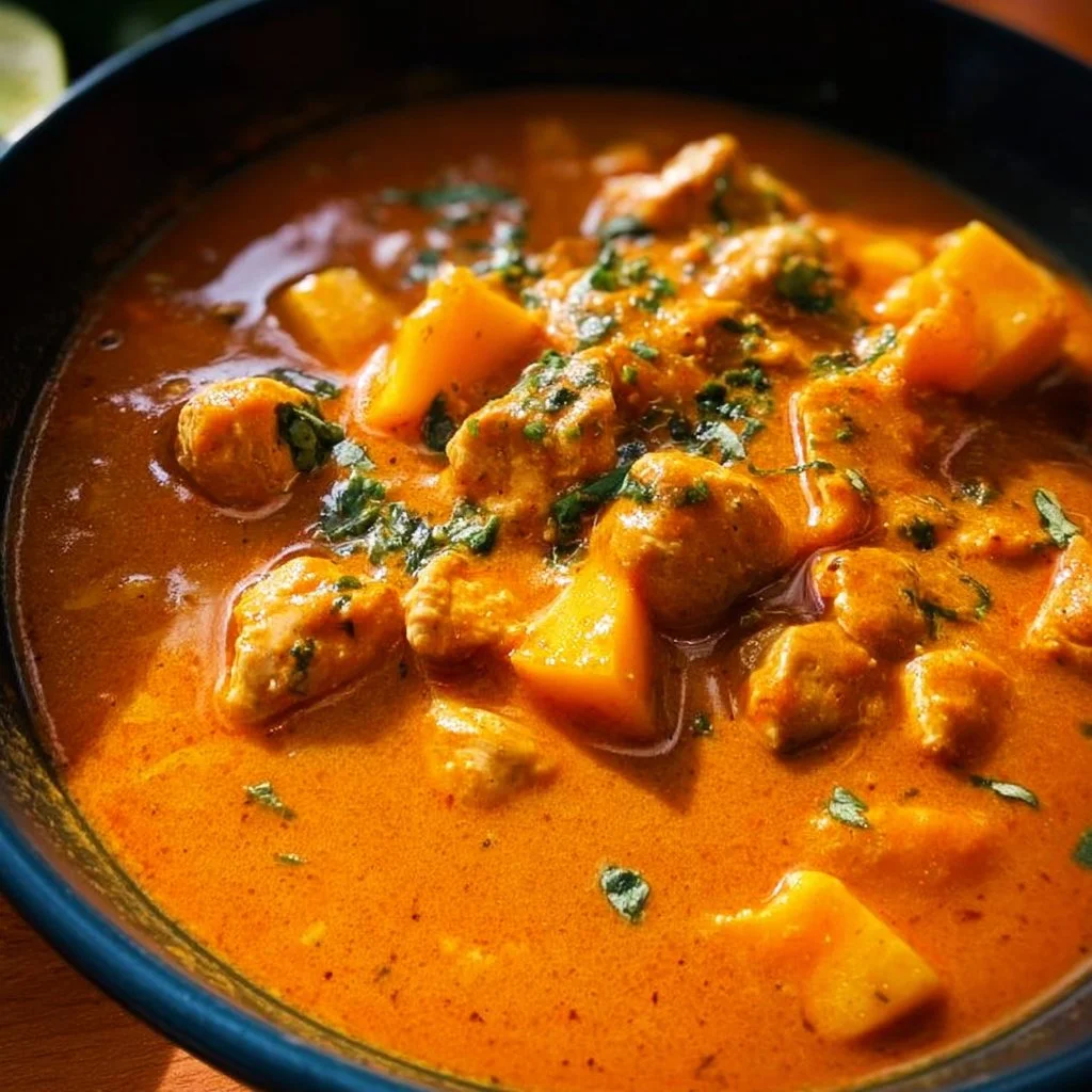Delicious Mango Chicken Curry served in a bowl with vibrant colors