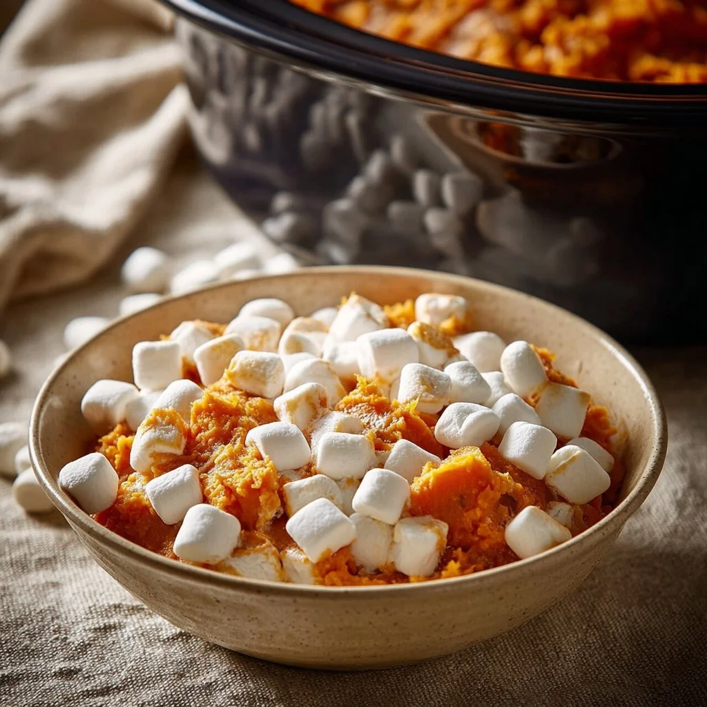 Marshmallow slow cooker sweet potatoes served in a bowl