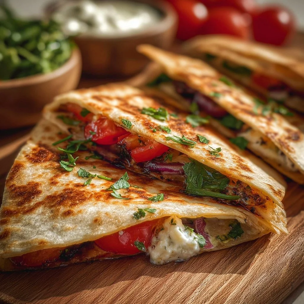 Delicious Mediterranean Quesadilla filled with fresh ingredients