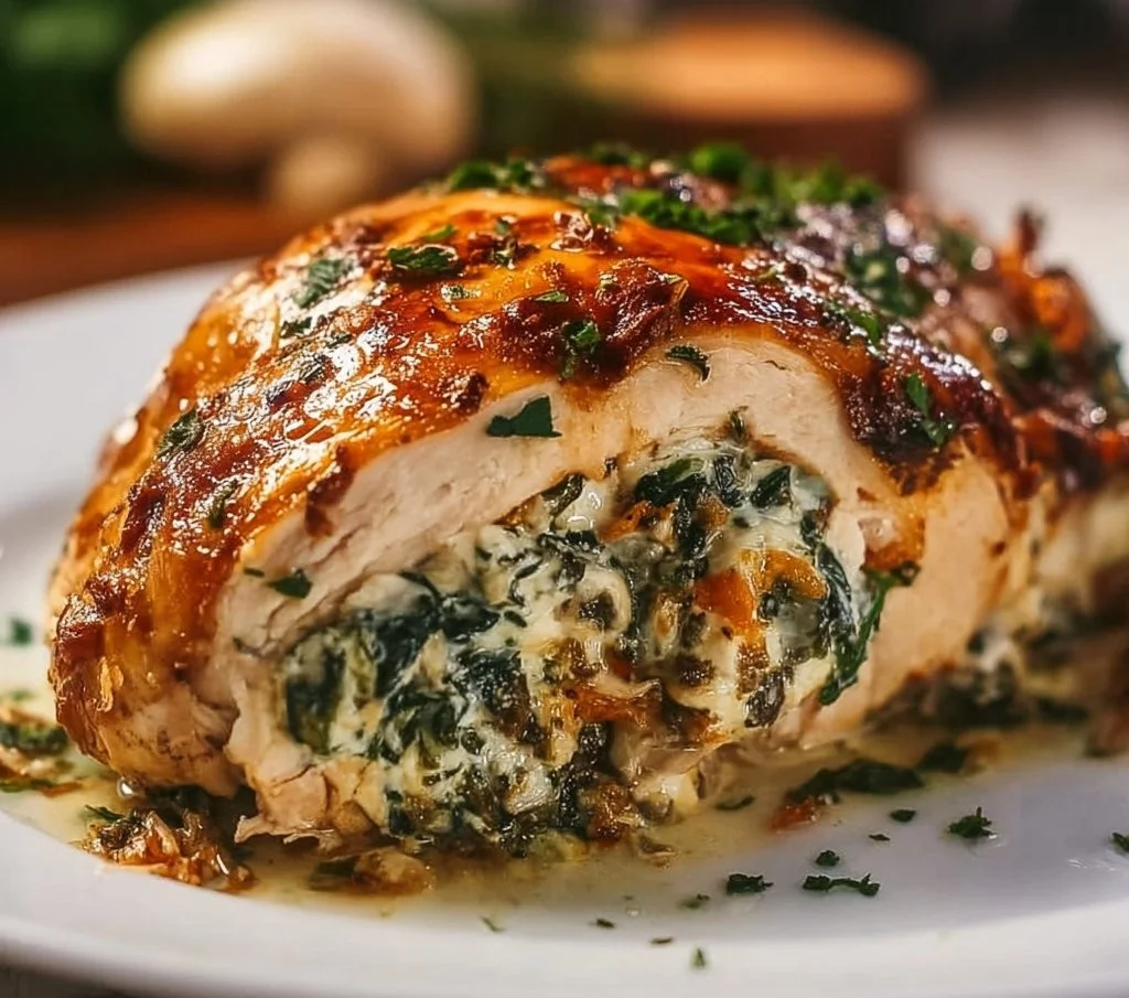 Mediterranean stuffed chicken breast garnished with herbs and served on a plate