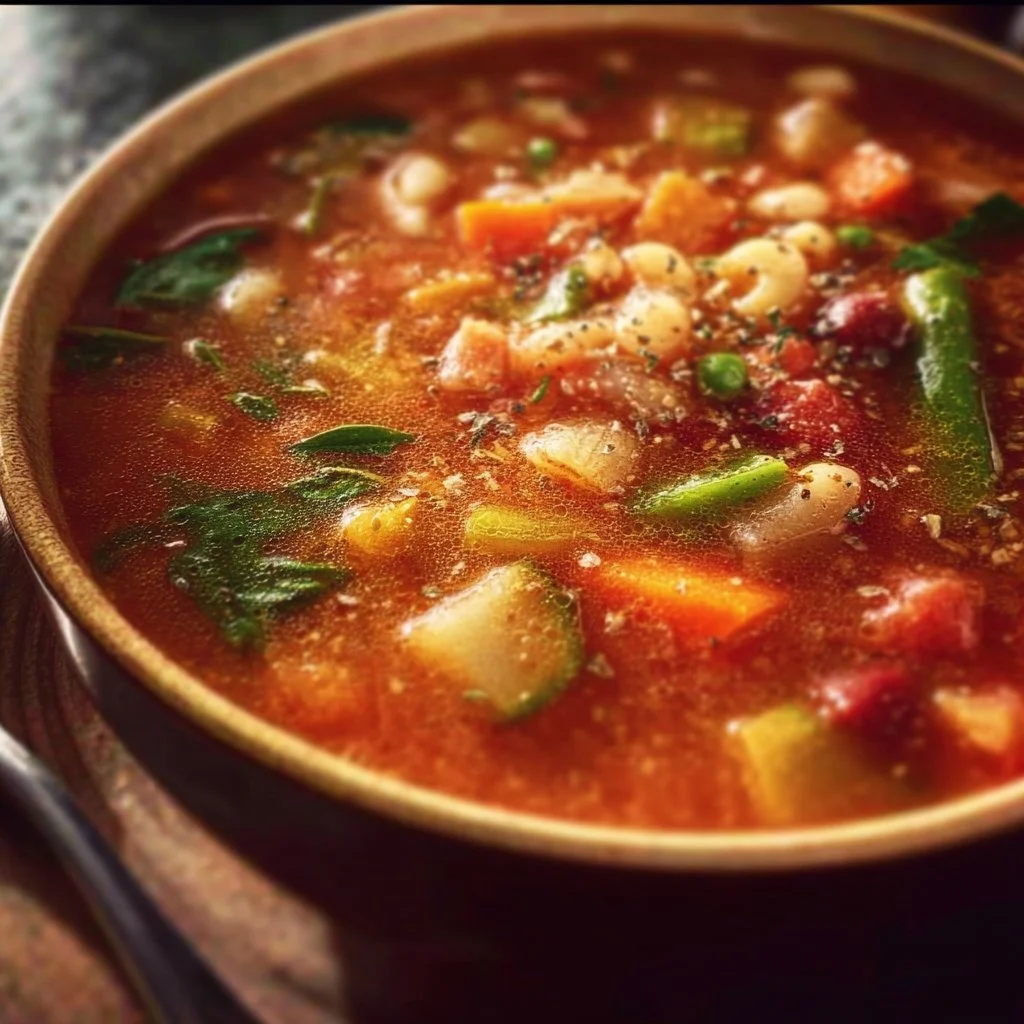 A bowl of minestrone soup filled with colorful vegetables and beans.