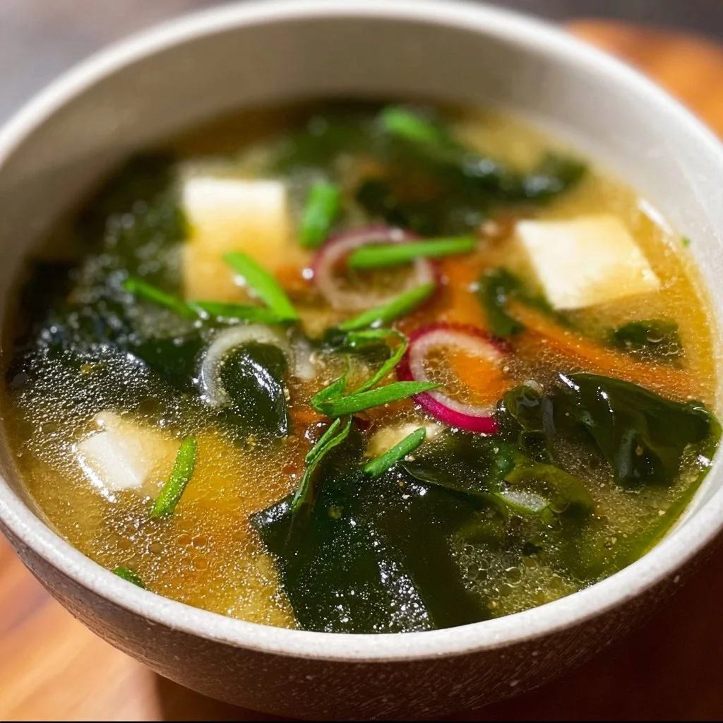 Bowl of traditional Japanese Miso Soup topped with green onions and tofu