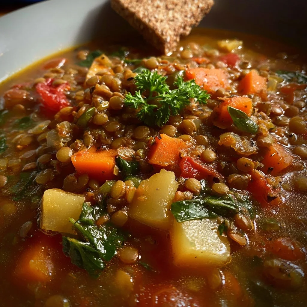 Bowl of Moroccan Lentil Soup with assorted fresh vegetables garnished with herbs.