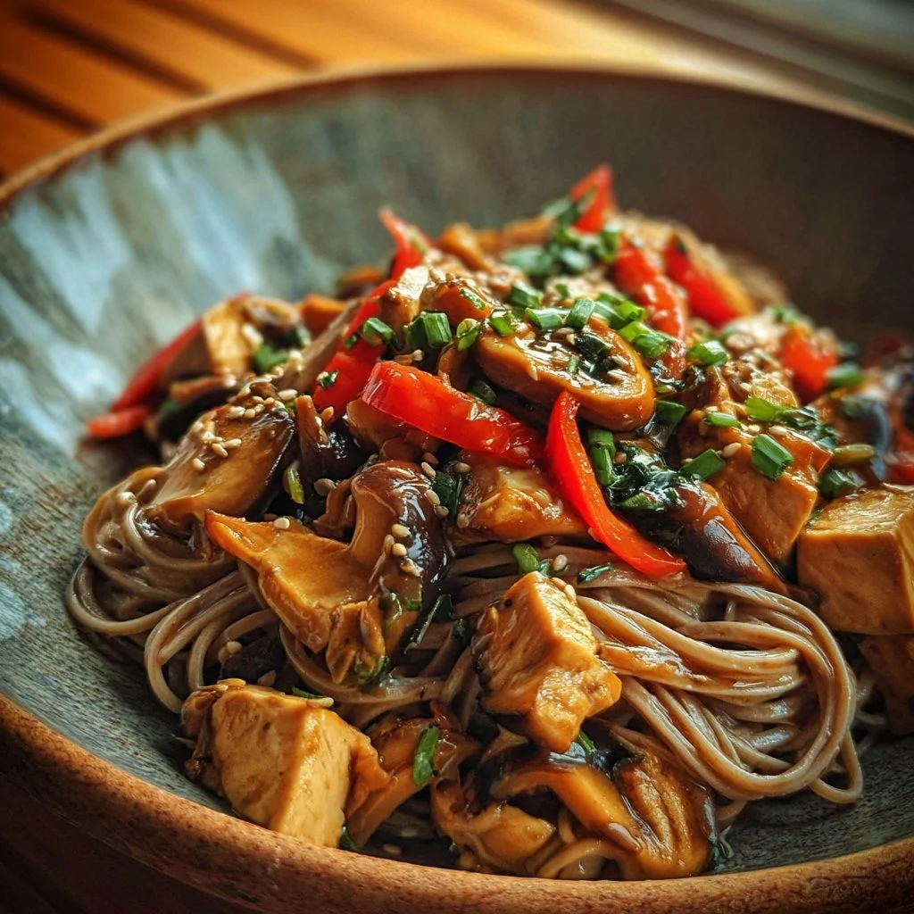 Mushroom Jackfruit Stir-Fry with Soba served in a colorful bowl