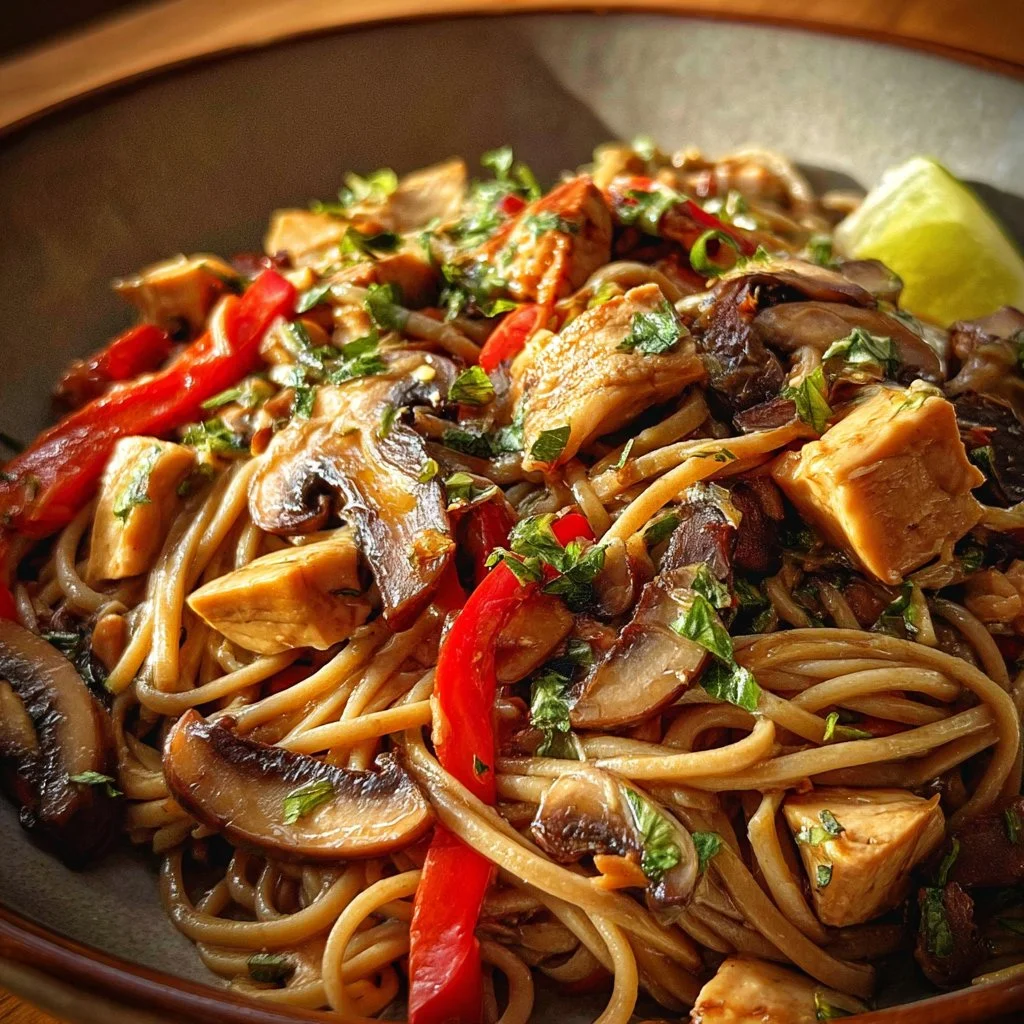 Mushroom Jackfruit Stir-Fry with Soba noodles in a vibrant bowl