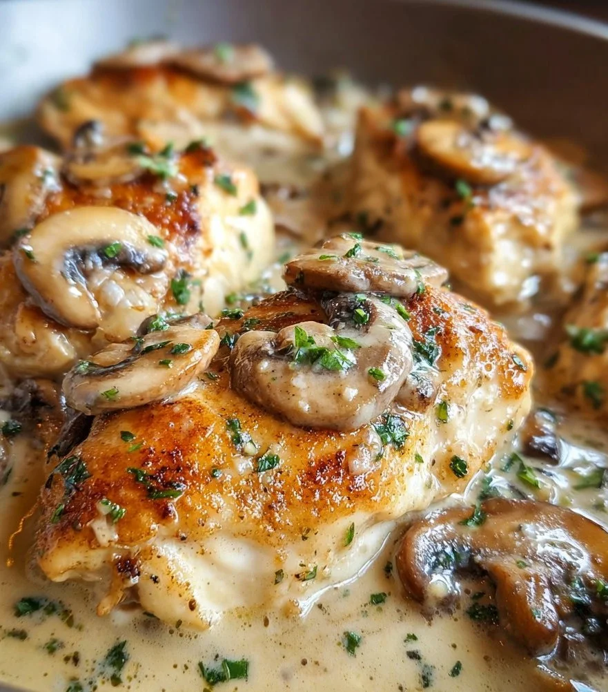 Creamy Mushroom Asiago Chicken served with fresh herbs