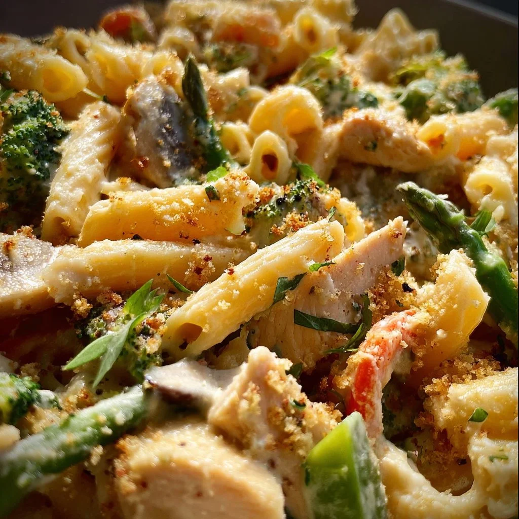 One-pan creamy chicken pasta with vegetables in a skillet.