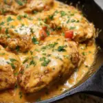 One Pan Sour Cream Chicken Enchilada Skillet with cheesy topping and garnished herbs.