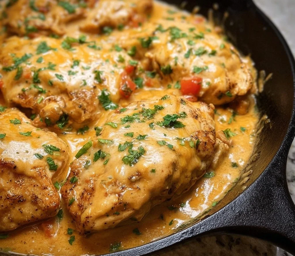 One Pan Sour Cream Chicken Enchilada Skillet with cheesy topping and garnished herbs.
