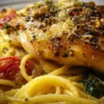 Oven chicken served with linguini on a plate garnished with herbs.