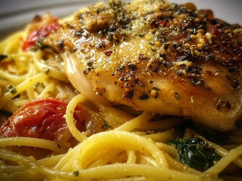 Oven chicken served with linguini on a plate garnished with herbs.