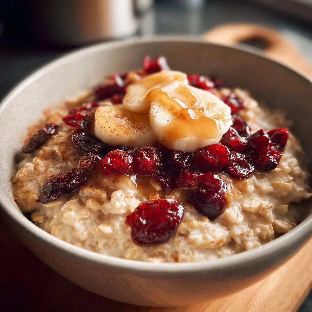 Bowl of creamy Overnight Crock Pot Oatmeal topped with fruits and nuts