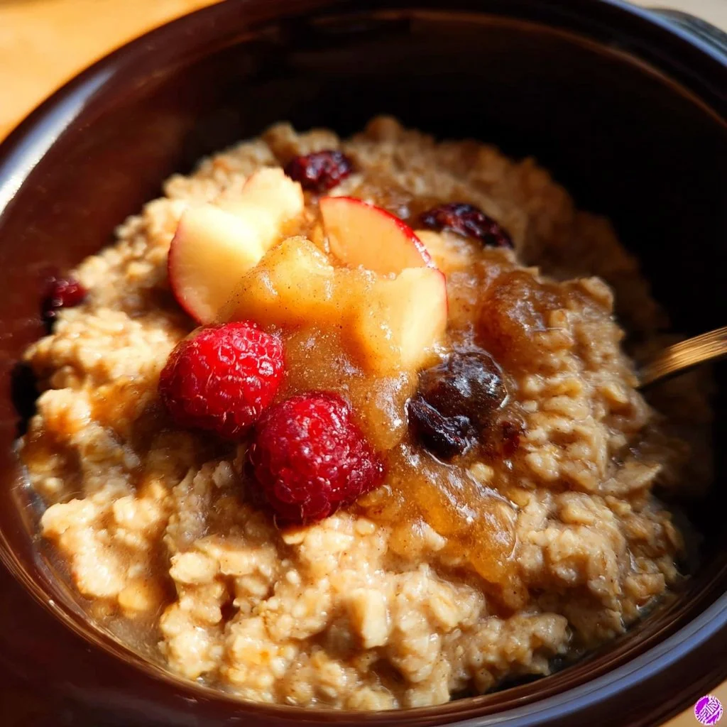 Bowl of creamy overnight Crock Pot oatmeal topped with fruits and nuts