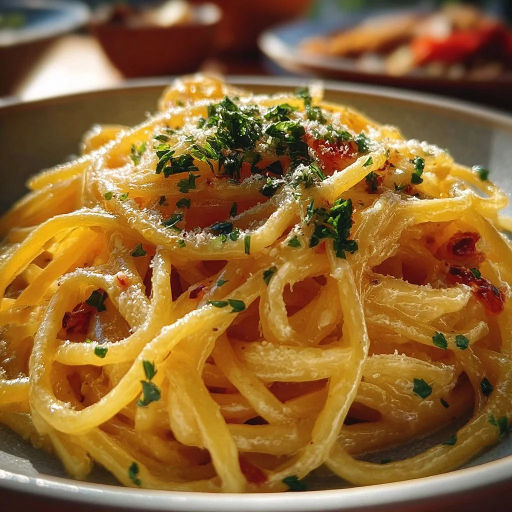 Delicious pasta with creamy starch sauce, garnished for an inviting presentation