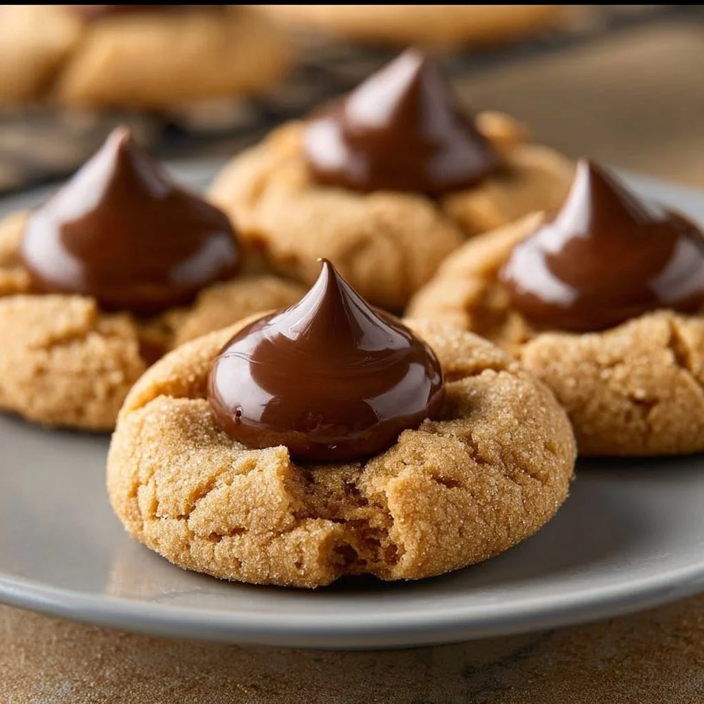 Peanut Butter Blossom Cookies with chocolate kisses on top.