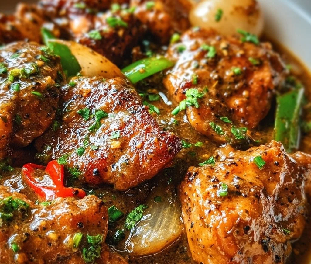 Delicious pepper chicken dish with spices and herbs served on a plate