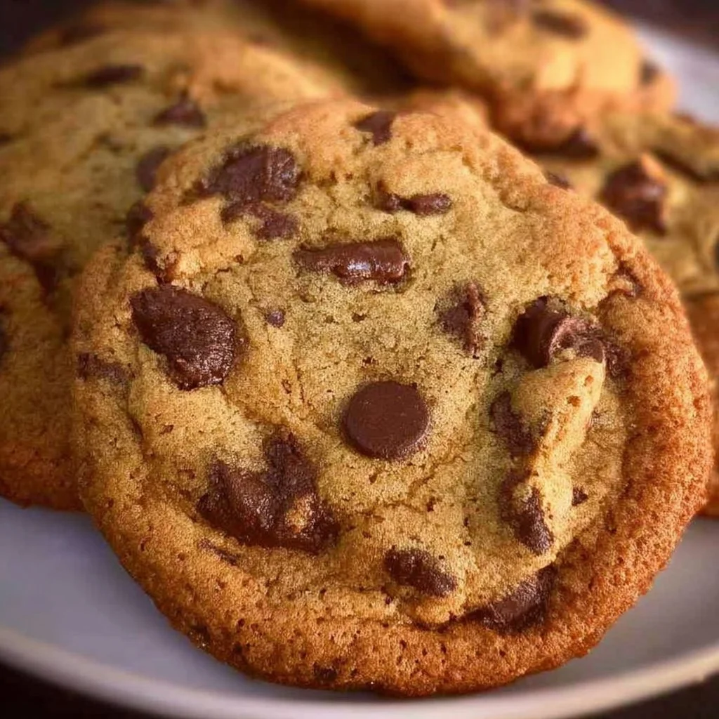 Baked perfect chocolate chip cookies on a cooling rack