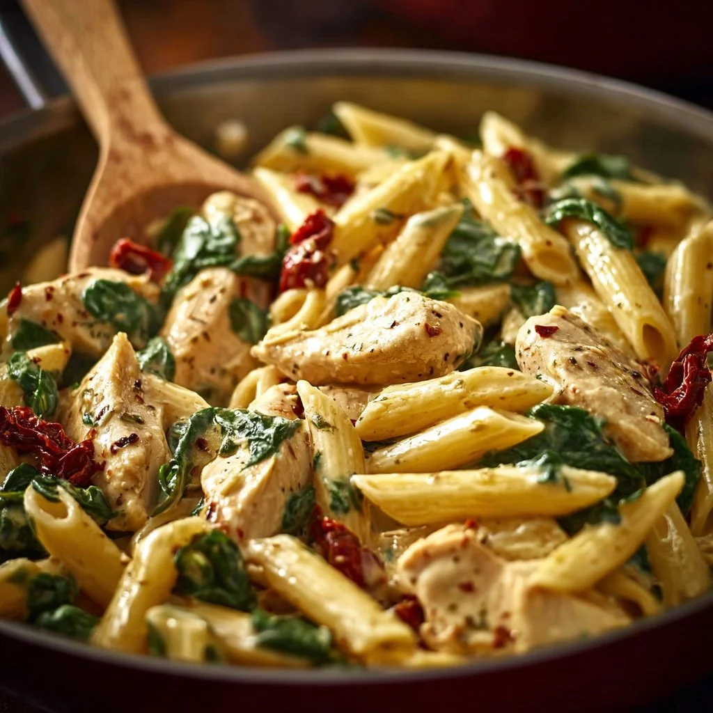 Delicious serving of Pesto Chicken Pasta with fresh herbs and grilled chicken