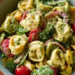 A colorful Pesto Tortellini Salad with fresh vegetables and herbs