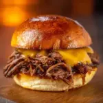 Mouthwatering pulled beef sandwich topped with fresh ingredients
