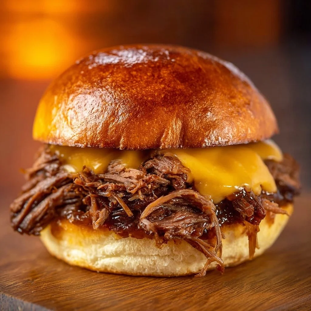 Mouthwatering pulled beef sandwich topped with fresh ingredients