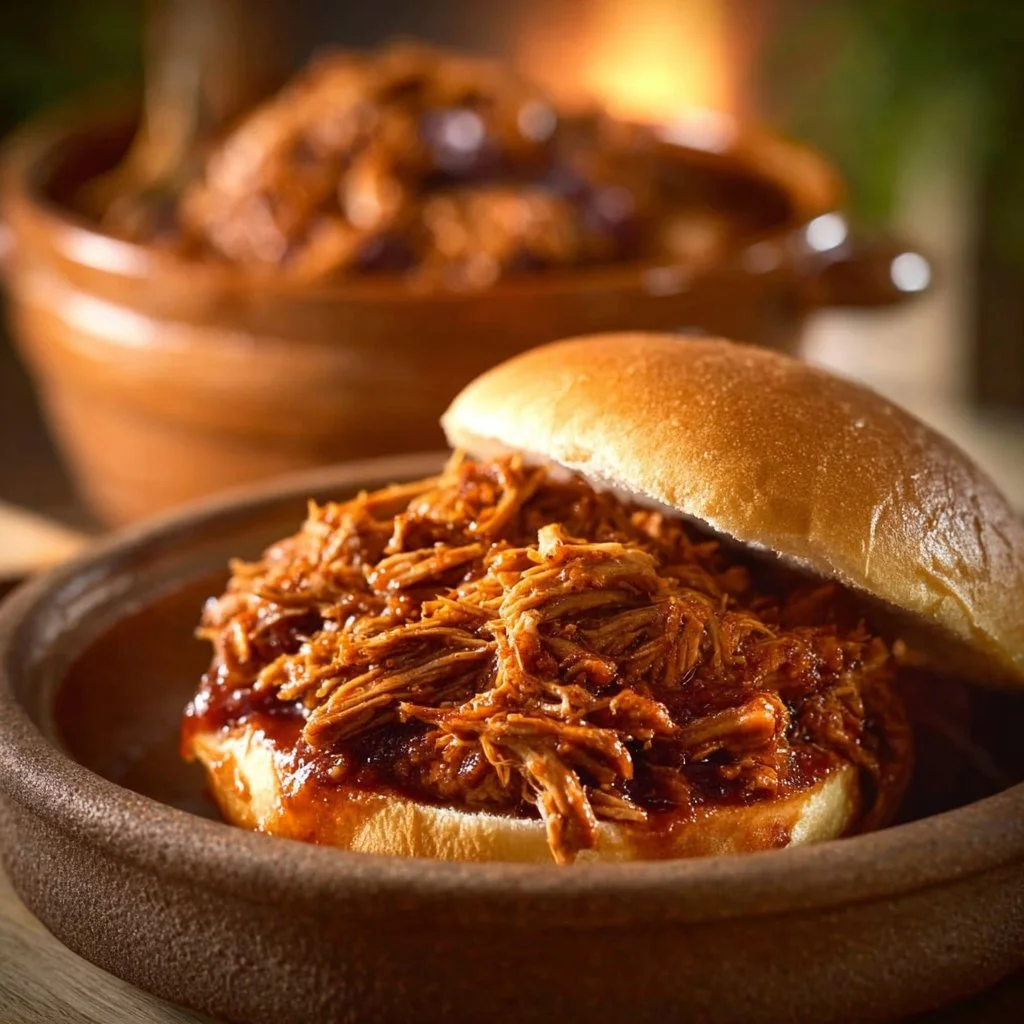 Plate of flavorful pulled chicken served on a bun with fresh toppings.