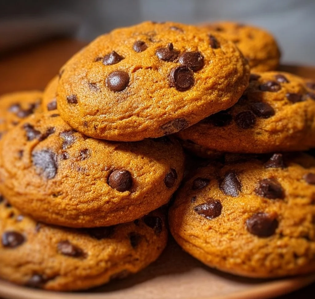 Batch of pumpkin chocolate chip cookies on a baking sheet