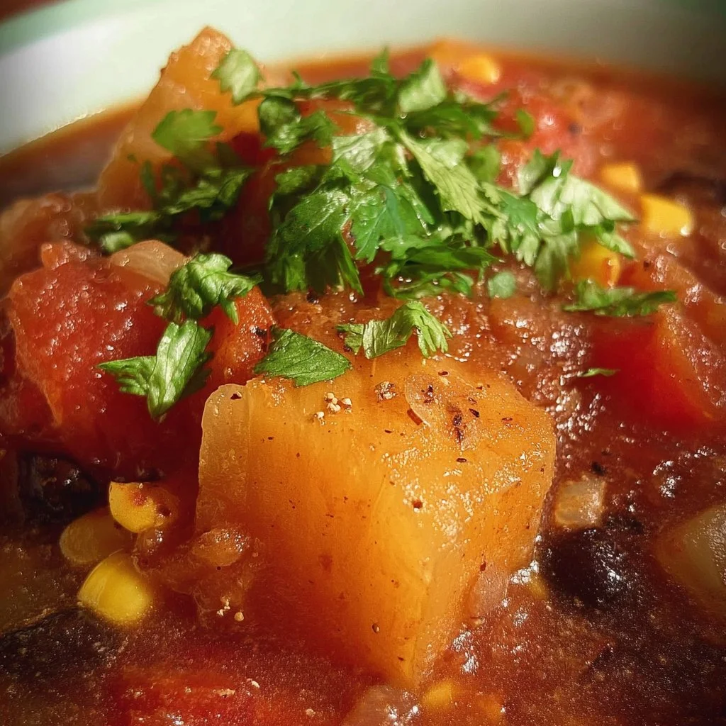 Bowl of Pumpkin Pineapple Chili topped with fresh herbs and spices