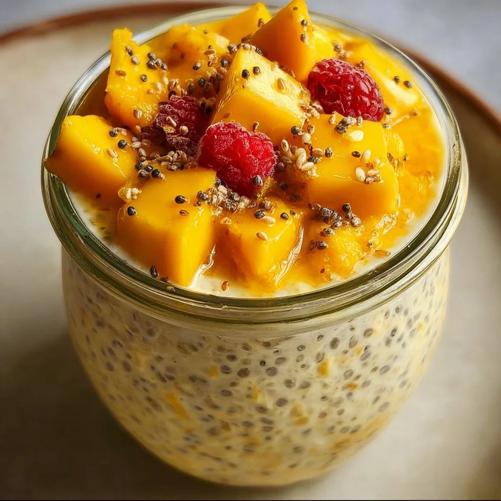 Bowl of quick mango overnight oats topped with fresh mango slices and nuts