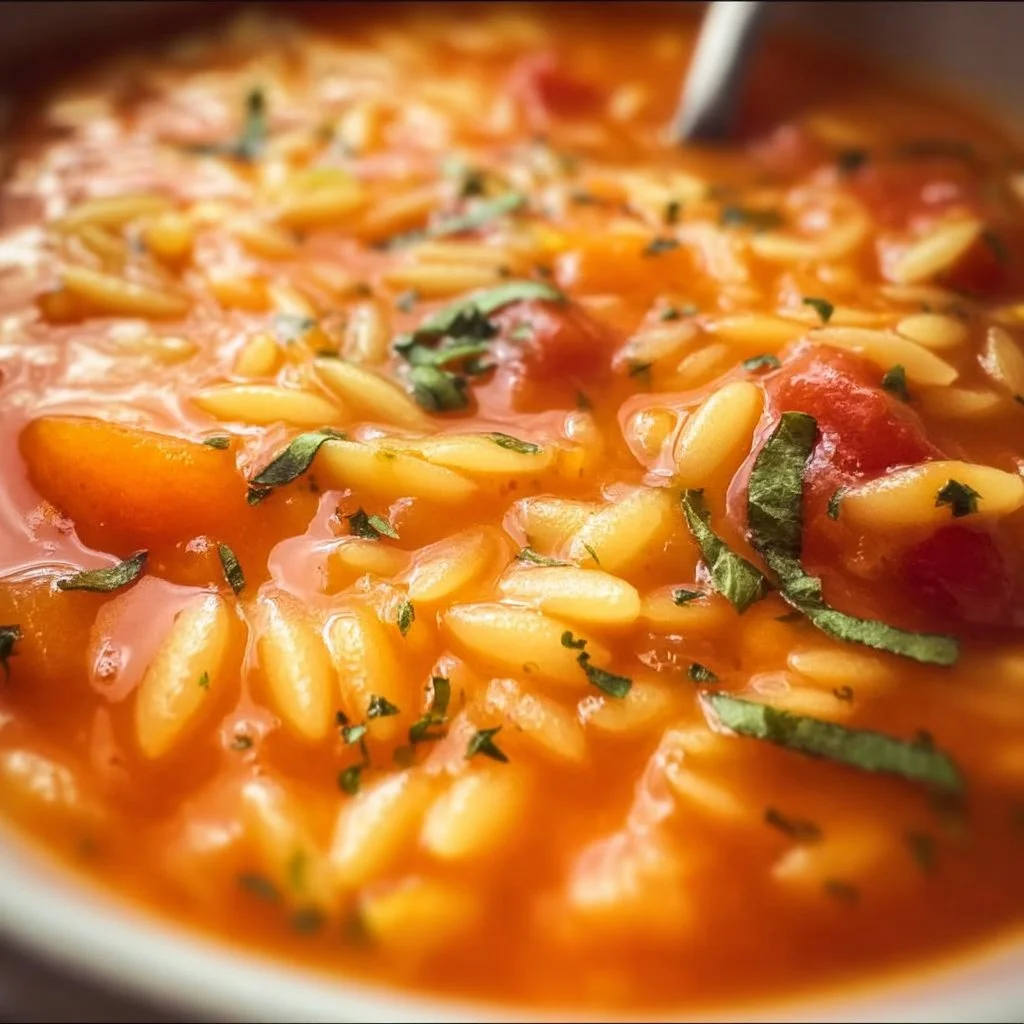 Bowl of quick tomato orzo soup garnished with fresh herbs