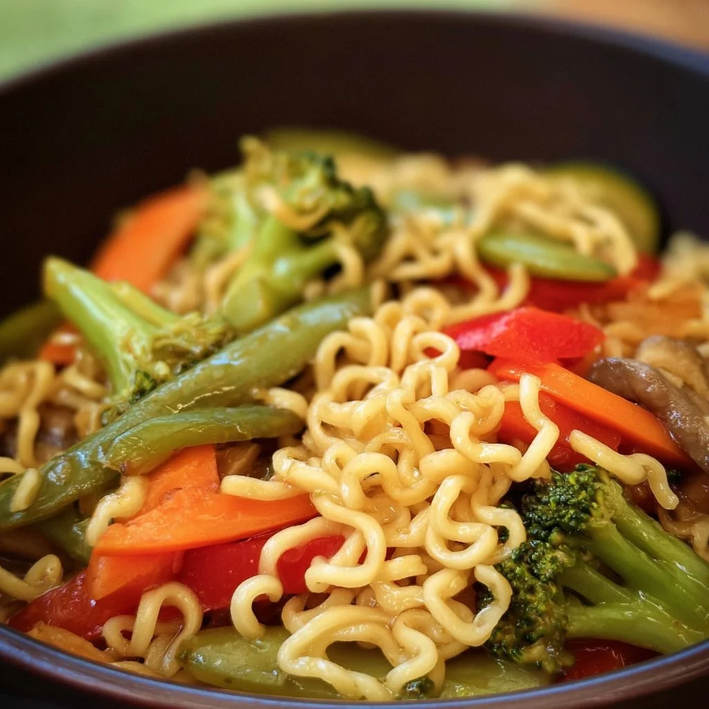 Colorful ramen vegetable stir fry featuring fresh ingredients and noodles.