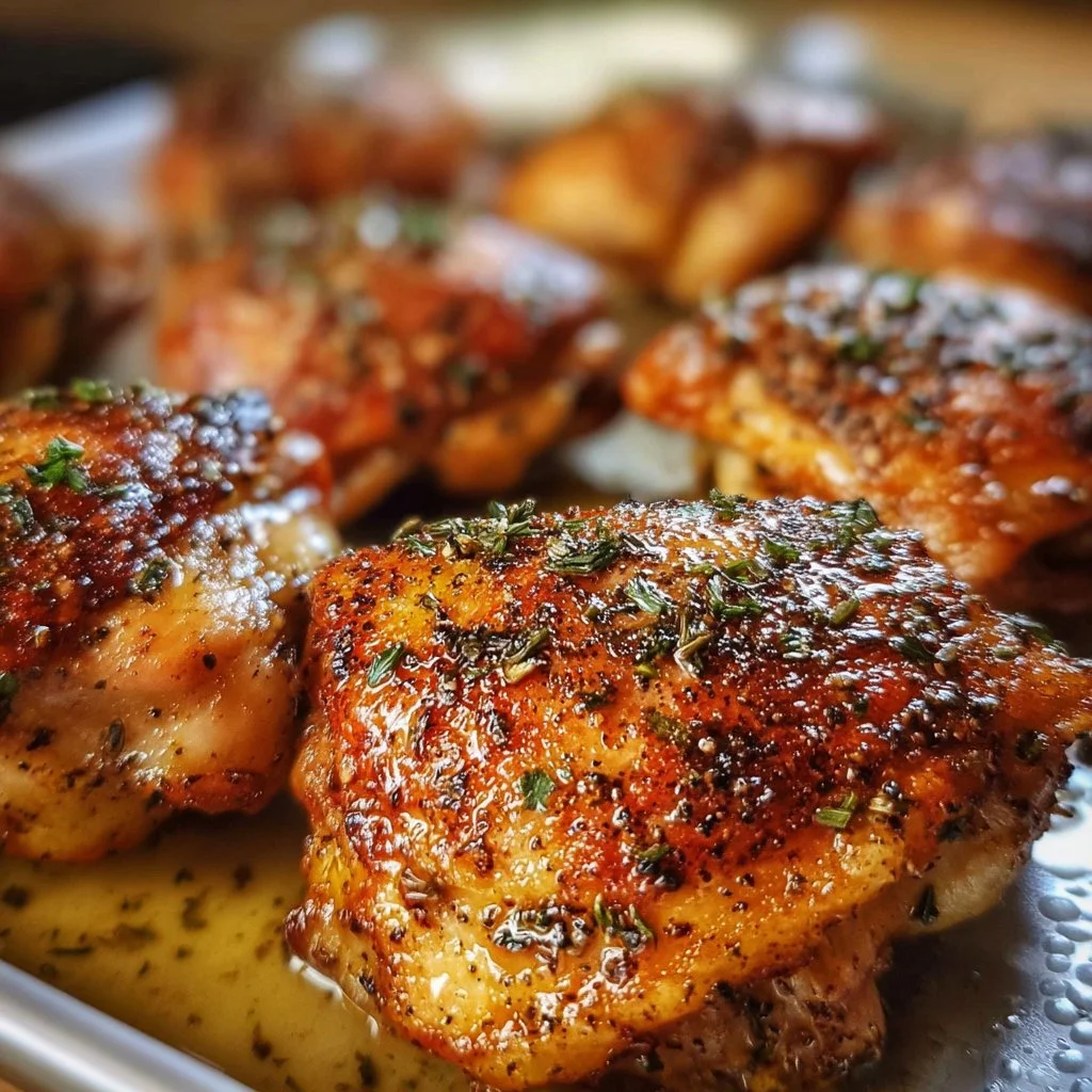 Cooked ranch chicken thighs served on a plate with herbs