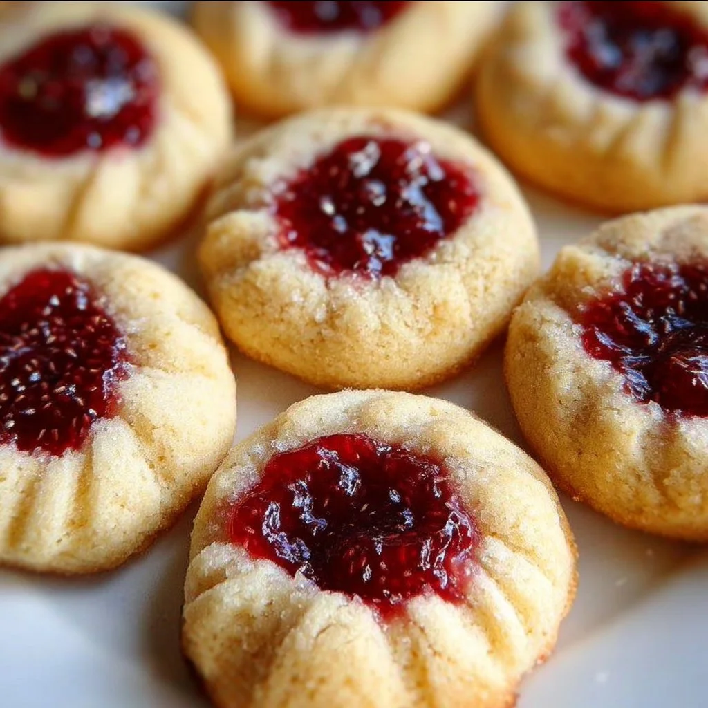 Freshly baked Raspberry Thumbprint Cookies with jam filling