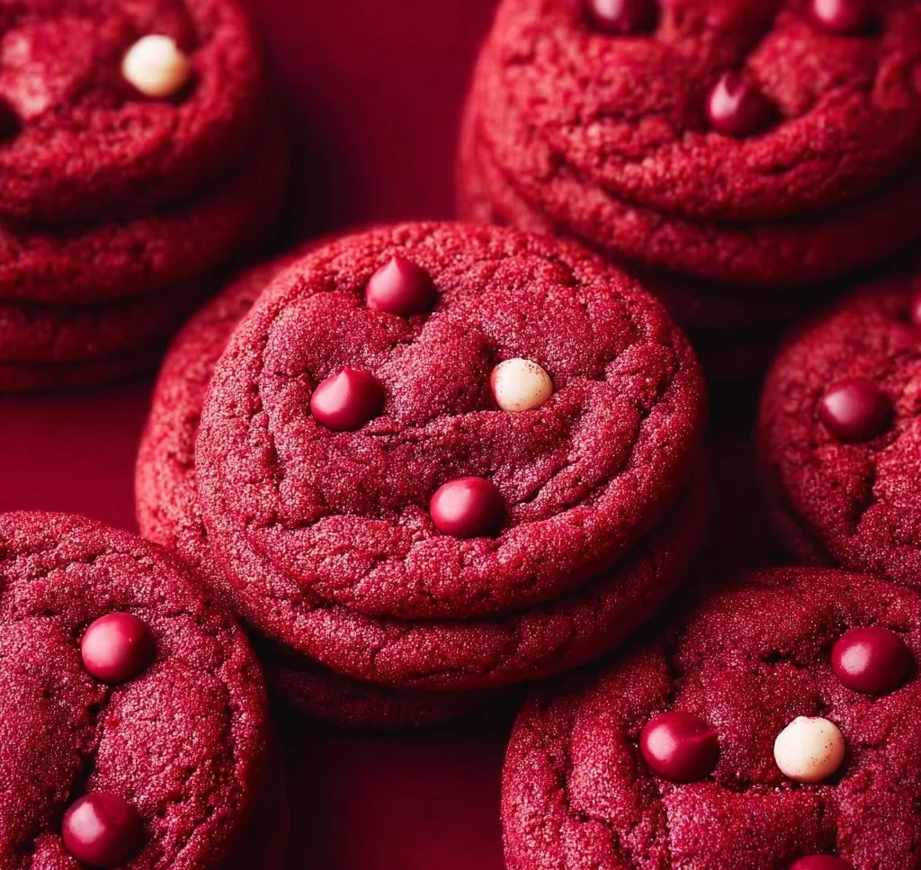 Freshly baked Red Velvet Cookies with cream cheese frosting