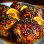 Roasted orange chicken seasoned with herbs and served on a plate.