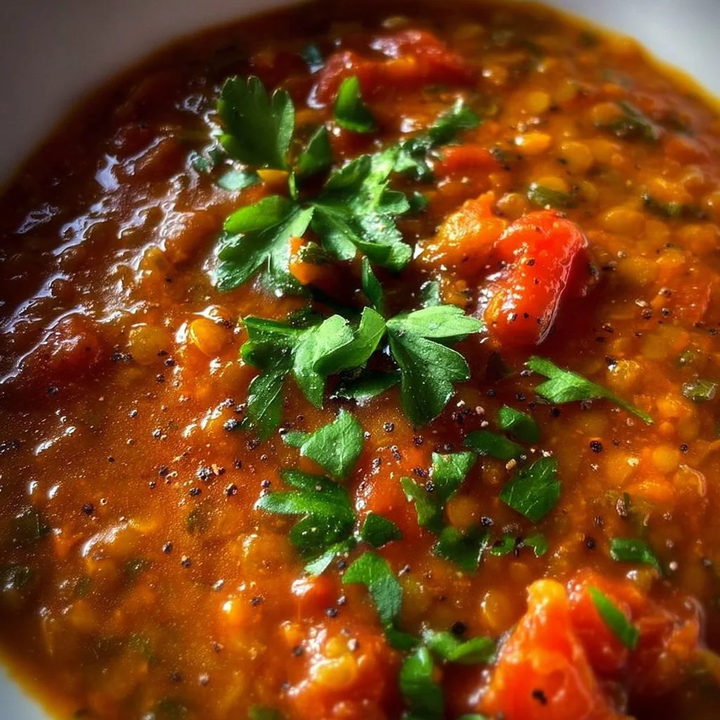 Delicious Roasted Pepper and Lentil Soup in a bowl garnished with fresh herbs