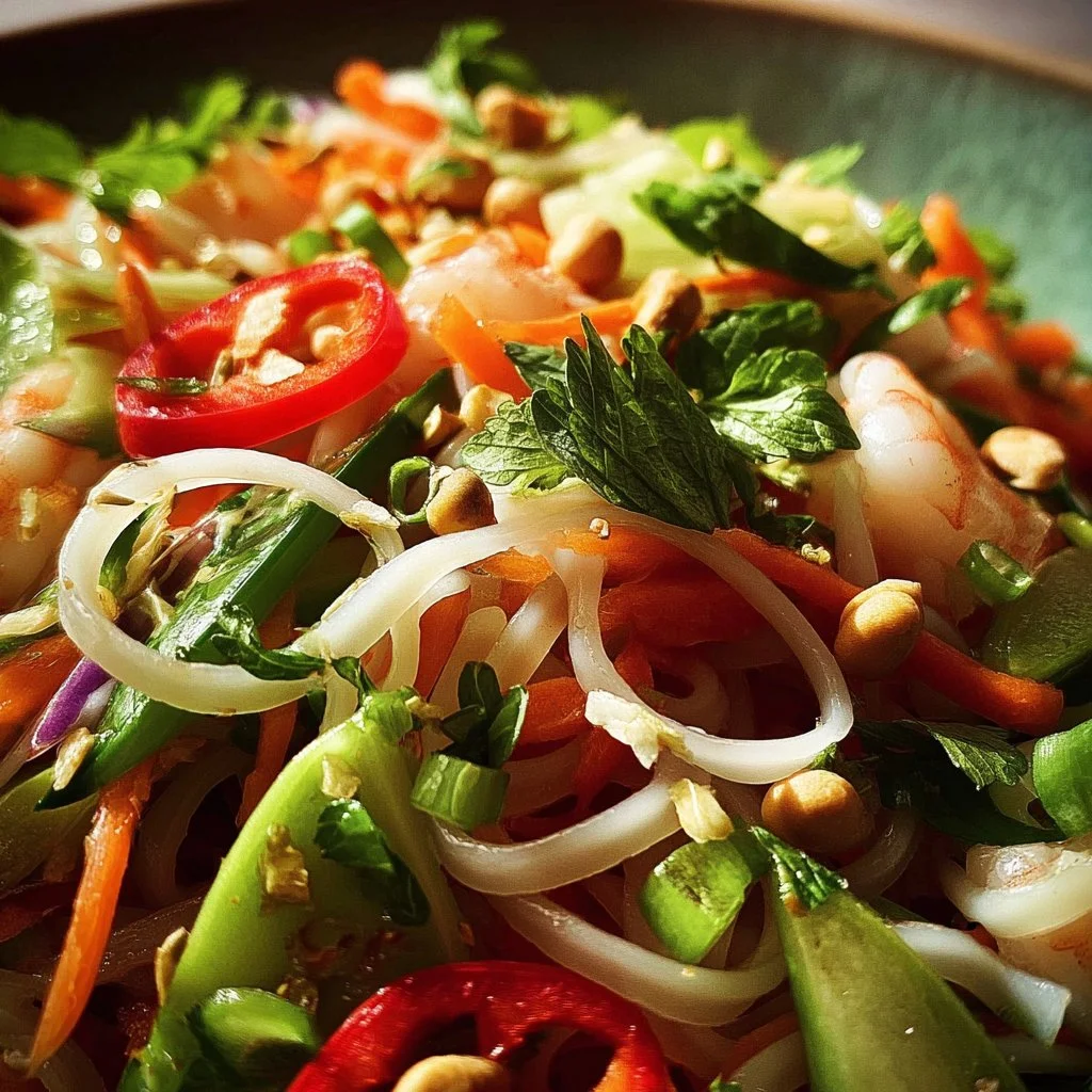 Bowl of colorful Saigon Noodle Salad topped with fresh herbs and vegetables