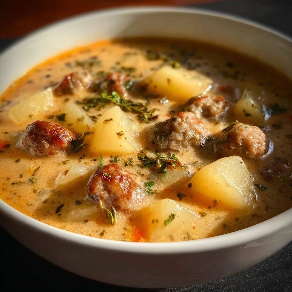 A hearty bowl of sausage potato soup garnished with fresh herbs