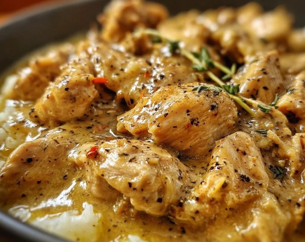 Plate of savory chicken in gravy served with mashed potatoes