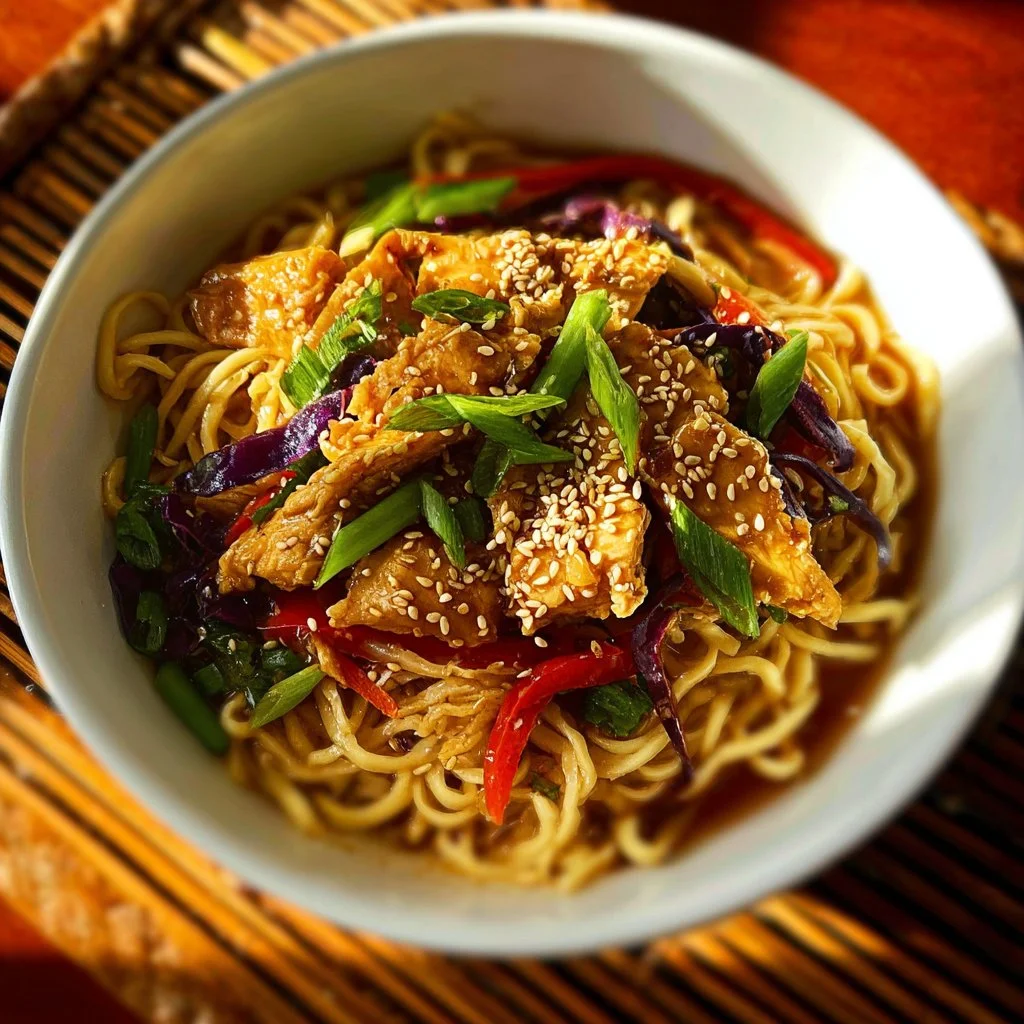 Delicious Sesame Chicken Noodle Bowl with tender chicken and vibrant vegetables