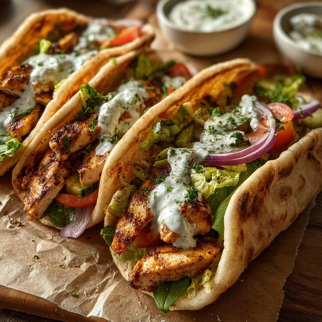 Sheet pan chicken pitas with herby ranch served on a wooden table
