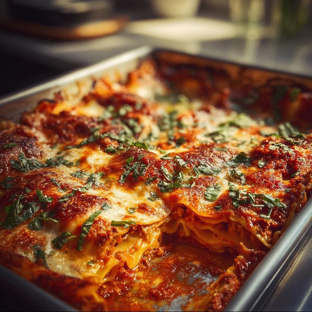 Delicious Sheet Pan Lasagna served in a baking dish with layers of cheese and sauce.