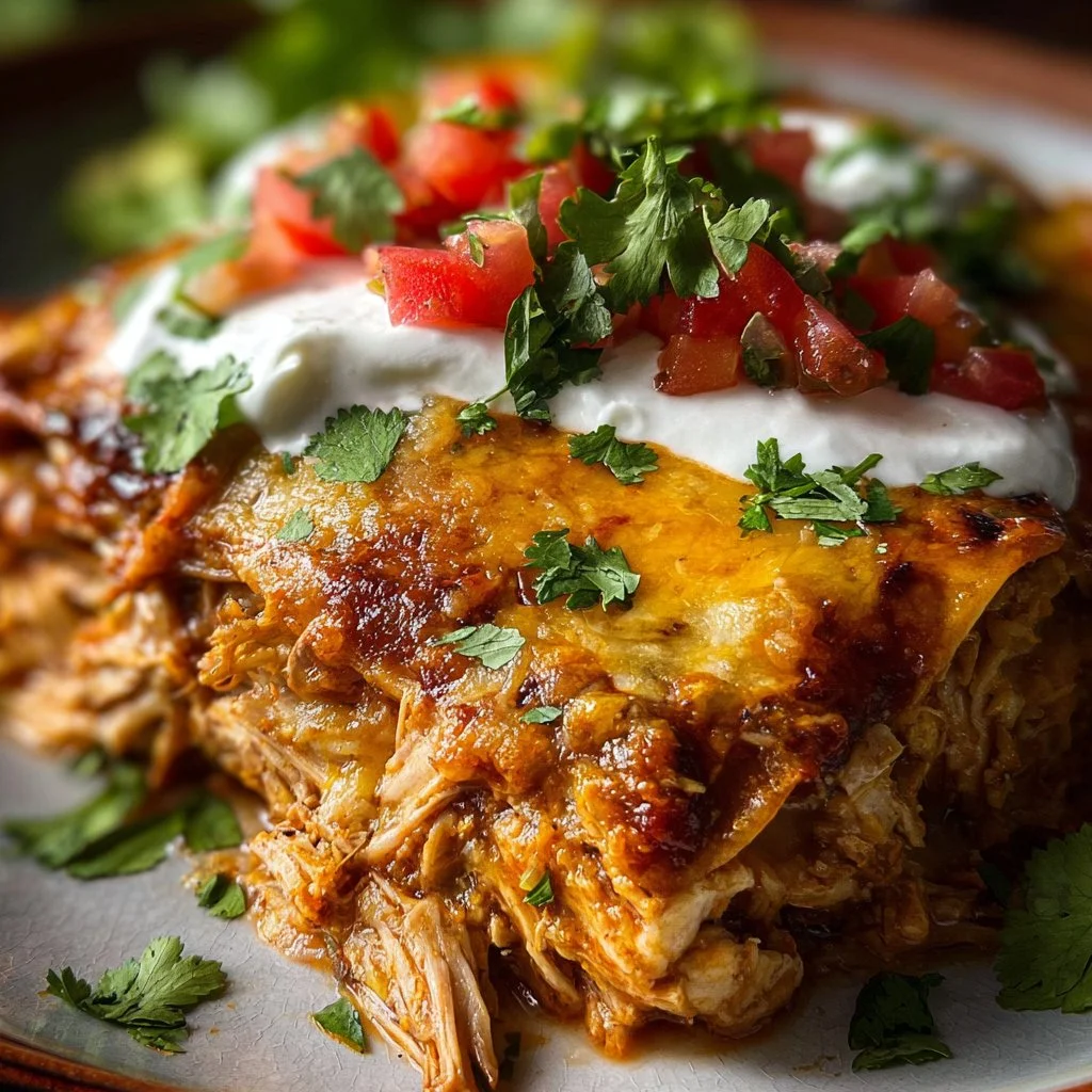 Delicious shredded chicken enchilada casserole topped with cheese and spices.