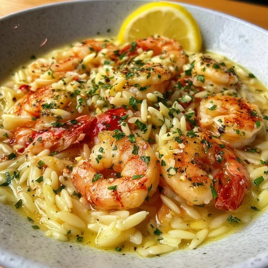 Shrimp orzo in lemon garlic sauce served in a bowl