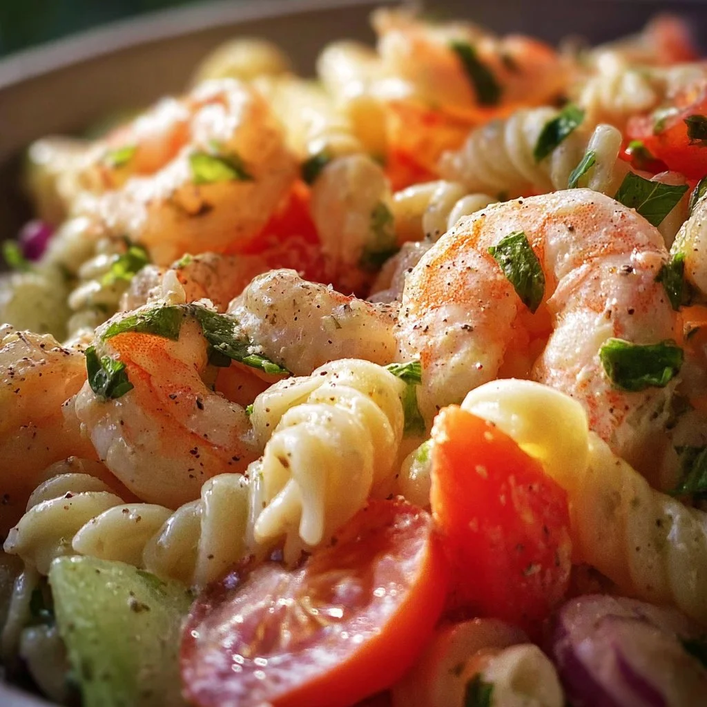 Delicious shrimp pasta salad with fresh ingredients and vibrant colors.