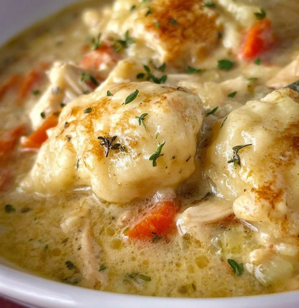 Bowl of delicious chicken and dumplings topped with herbs