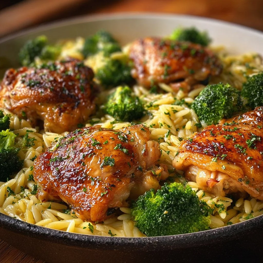 Skillet Chicken Thighs with Broccoli Cheddar Orzo served in a skillet