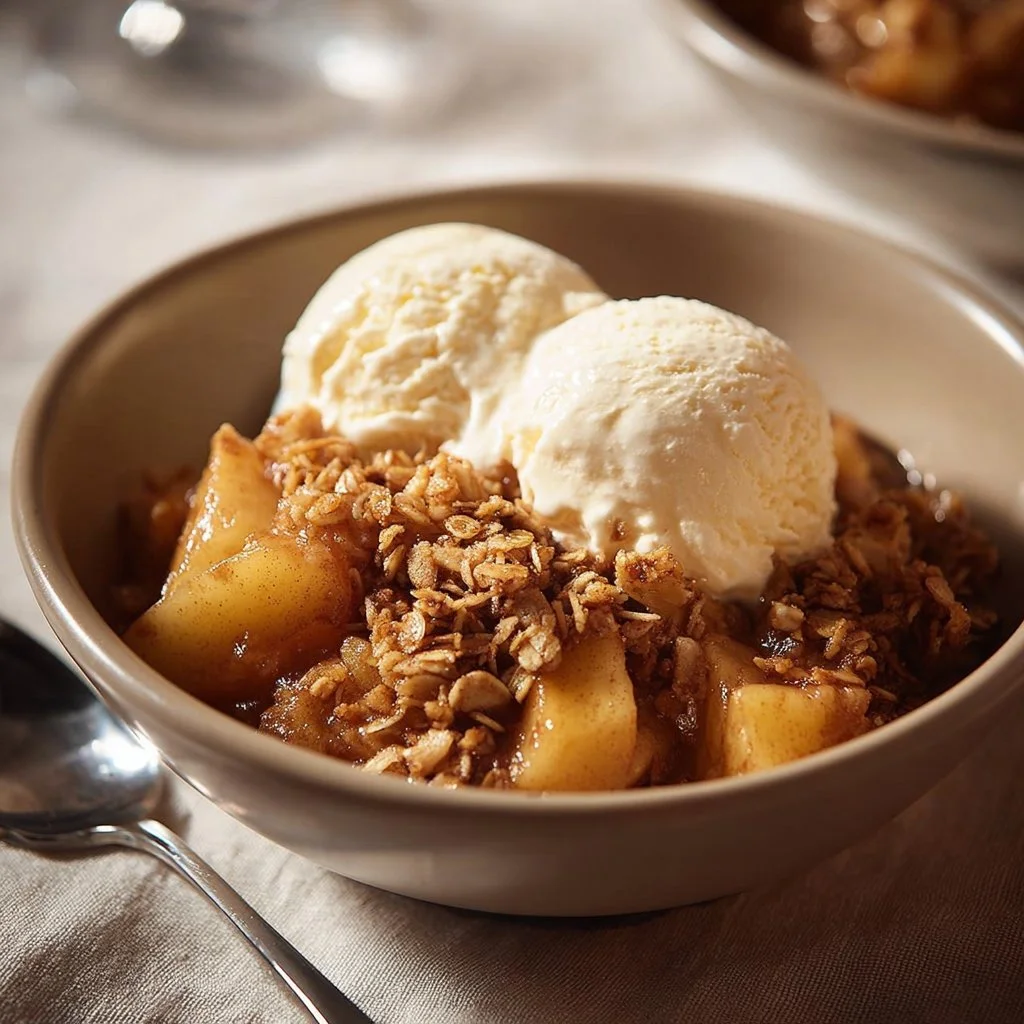 Delicious slow cooker apple crisp dessert with warm cinnamon aromas.